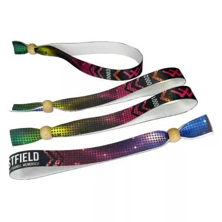 Bracelets textile (15x340mm, impression en couleur sur un côté, inscriptions variables) - anneau en bambou à usage multiple