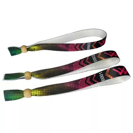 Bracelets textile (15x340mm, impression en couleur sur un côté, inscriptions variables) - anneau en bambou à usage multiple