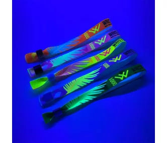   Bracelets textile UV réfléchissant (15x340 mm, impression en couleur sur un côté, inscriptions variables) - anneau en bambou/plastique autobloquant