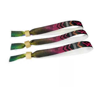   Bracelets textile (15x340mm, impression en couleur sur un côté, inscriptions variables) - anneau en bambou/plastique autobloquant