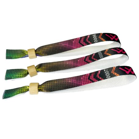 Bracelets textile (15x340mm, impression en couleur sur un côté, inscriptions variables) - anneau en bambou/plastique autobloquant