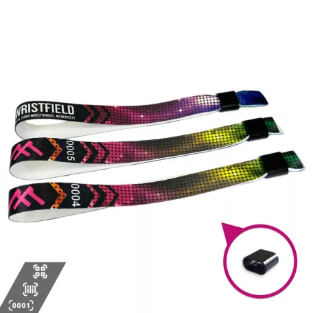 Bracelets textile (15x340mm, impression en couleur sur un côté, inscriptions variables) - anneau en plastique autobloquant