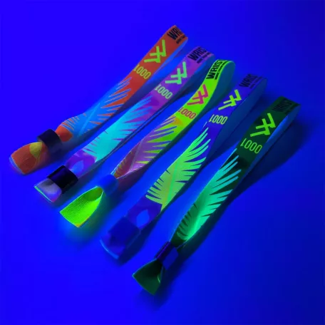 Bracelets textile UV réfléchissant (15x340 mm, impression en couleur sur un côté, inscriptions variables) - anneau en plastique autobloquant