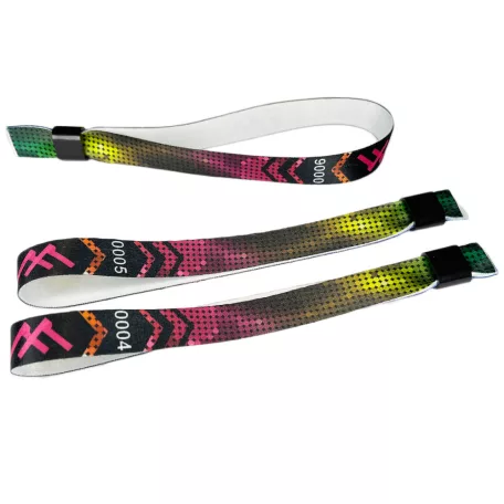 Bracelets textile (15x340mm, impression en couleur sur un côté, inscriptions variables) - anneau en plastique autobloquant