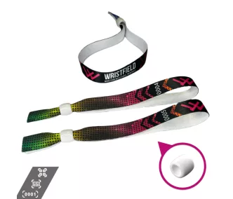   Bracelets textile (15x340mm, impression en couleur sur un côté, inscriptions variables) - anneau en plastique à usage multiple