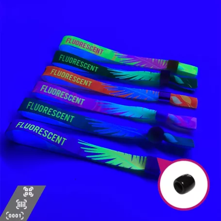 Bracelets textile UV réfléchissant (15x340 mm, impression en couleur sur un côté, inscriptions variables) - anneau en plastique à usage multiple