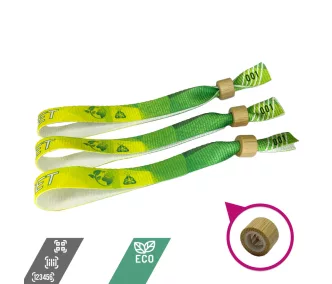   Bracelets RPET (15x340mm, impression en couleur sur un côté, eco-responsables, inscriptions variables) - anneau en bambou/plastique autobloquant