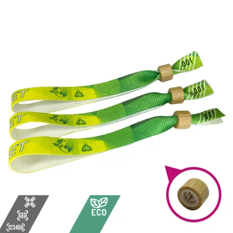 Bracelets RPET (15x340mm, impression en couleur sur un côté, eco-responsables, inscriptions variables) - anneau en bambou/plastique autobloquant